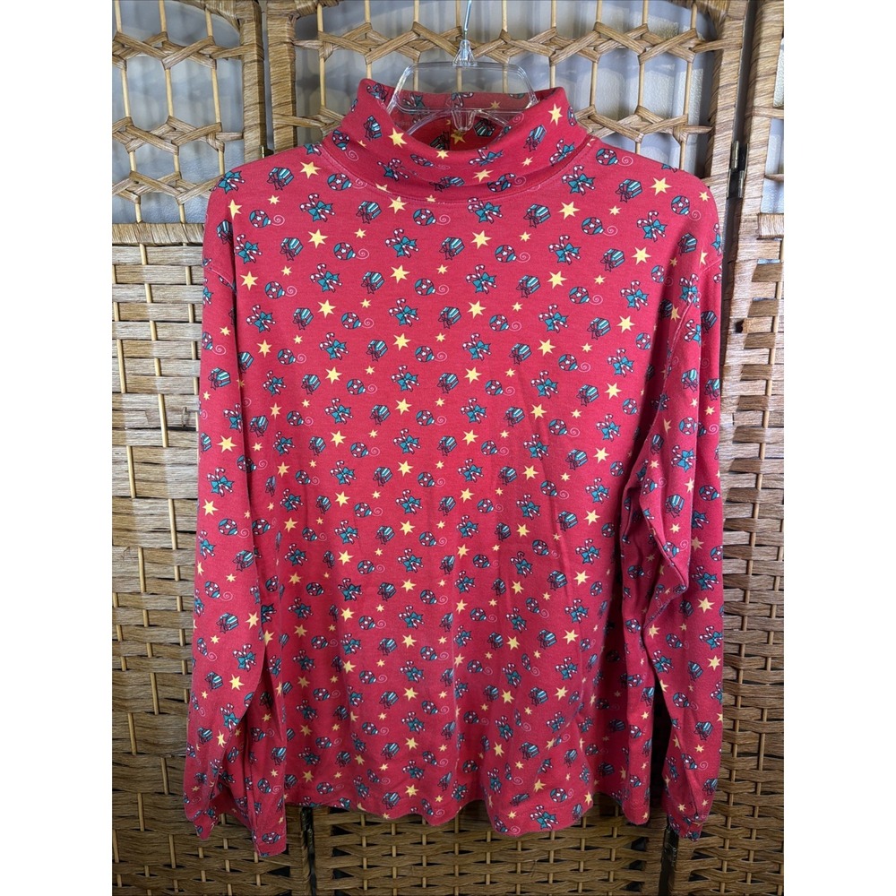 VTG Red Christmas Turtleneck SZ Large Holiday Stars Gifts Ornaments Long Sleeve